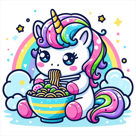 Cute cartoon unicorn with bowl of noodle. Vector illustration.のイラスト素材