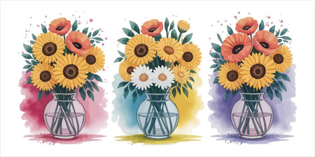 Bouquet of sunflowers in vase, vector illustrationのイラスト素材