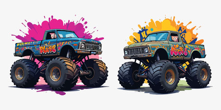 Vector illustration of two monster trucks on a background of splashes.のイラスト素材