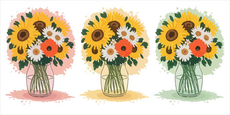 Vector set of bouquets of sunflowers in vasesのイラスト素材