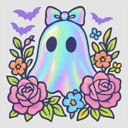 Illustration of a cute ghost with a bow on her head.のイラスト素材