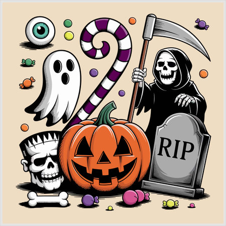 cartoon halloween background with grim reaper, skull and candiesのイラスト素材