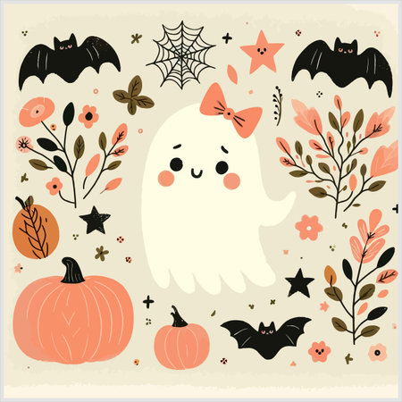 Halloween card with cute ghost, pumpkins and leaves. Vector illustration.のイラスト素材