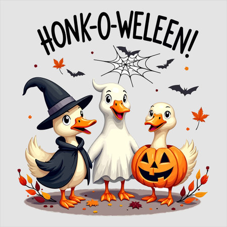 Halloween card with pumpkins, duck and owl. Vector illustrationのイラスト素材