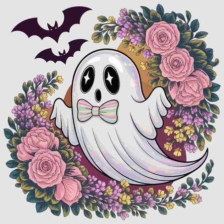 Greeting card with cute ghost and flowers. Vector illustration.のイラスト素材