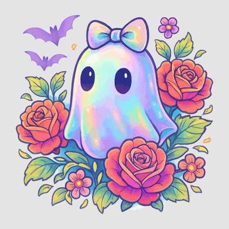 Halloween card with cute ghost and flowers. Hand drawn vector illustration.のイラスト素材