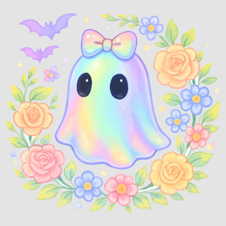 Illustration of cute cartoon rainbow ghost with flowers and bats on gray backgroundのイラスト素材