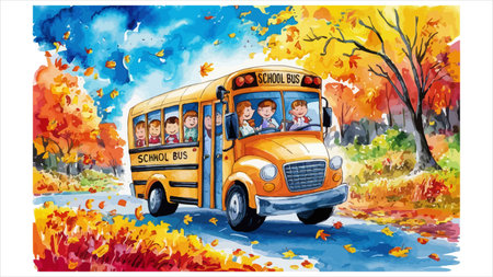 A classic yellow school bus travels down a scenic road surrounded by vibrant autumn foliage. The...