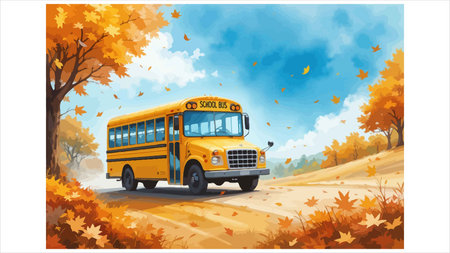 A charming, cartoonish yellow school bus travels along a dirt road amidst a picturesque autumn...