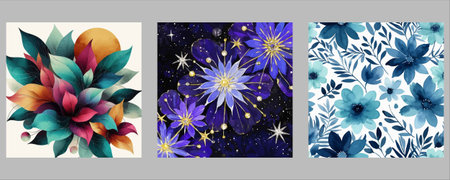 A curated collection showcasing three distinct artistic interpretations of flowers. Features a...