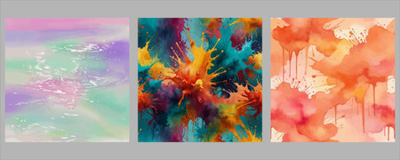 A triptych showcasing three distinct abstract visual textures. The left panel features soft pastel gradients in purple and green, the center explodes with a dense arrangement of vivid, multi-colored shapes, and the right panel displays a flowing composition of warm, peachy tones.のイラスト素材