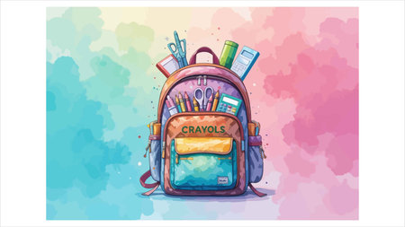 Back to school banner with school bag and stationery. Vector illustration