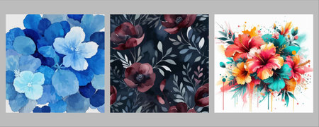 Set of vector watercolor floral greeting cards with flowers and leaves.