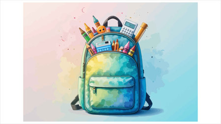 Illustration of a school backpack with school supplies on a colorful background