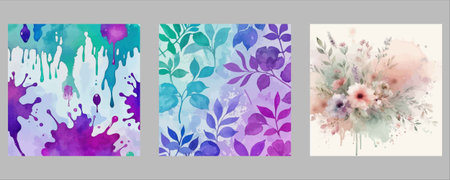 Set of watercolor floral backgrounds. Hand painted flowers and leaves.のイラスト素材