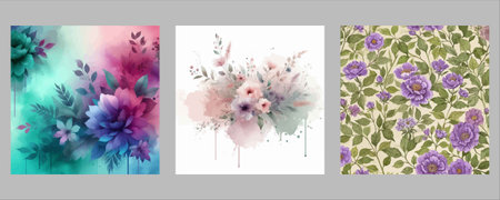 Set of watercolor floral backgrounds. Hand drawn flowers and leaves.