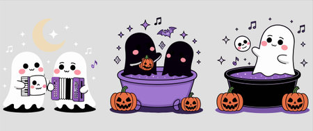 Halloween vector illustration with cute cartoon ghosts playing accordion and singing.のイラスト素材