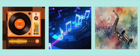 Vector set of colorful backgrounds with music elements and musical notes. EPS10のイラスト素材