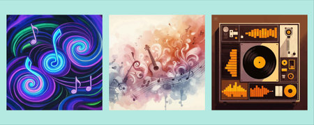 Set of posters for music festival with musical notes. Vector illustration.のイラスト素材