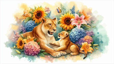 A heartwarming watercolor illustration of a lioness and her cub nestled among vibrant sunflowers,...