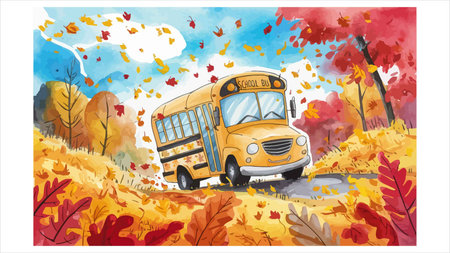 A charming watercolor painting of a yellow school bus driving through a picturesque autumn...