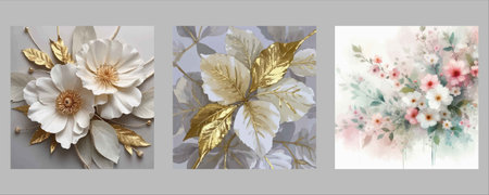A floral triptych featuring white and pink flowers with gold accents. The elegant design is perfect...