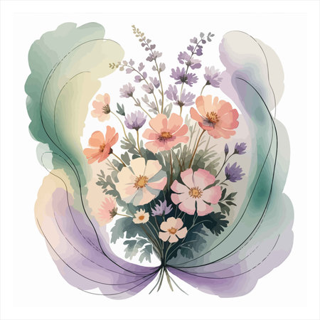 A beautiful watercolor painting features a bouquet of soft-hued poppies and wildflowers, framed by flowing pastel green and purple washes, evoking a gentle, artistic atmosphere.のイラスト素材