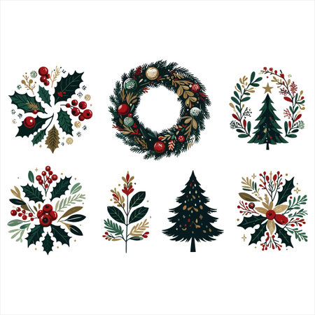 Set of Christmas wreaths with fir branches, berries and holly. Vector illustration.のイラスト素材