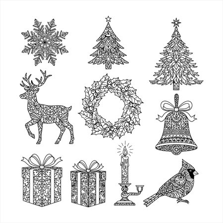 Christmas hand drawn doodle set. Vector illustration. Black and white.のイラスト素材