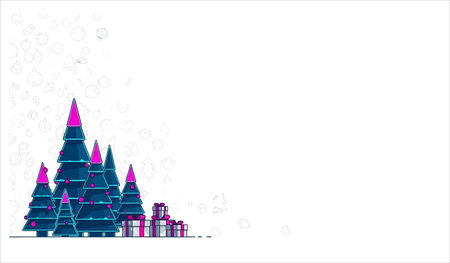 Merry Christmas and Happy New Year card with Christmas trees. Vector illustration.のイラスト素材