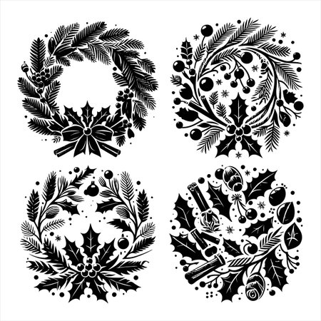 Christmas wreaths. Set of black and white vector illustrations.のイラスト素材