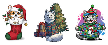 Set of Christmas illustrations with cute cat, dog, cat and christmas sock.のイラスト素材