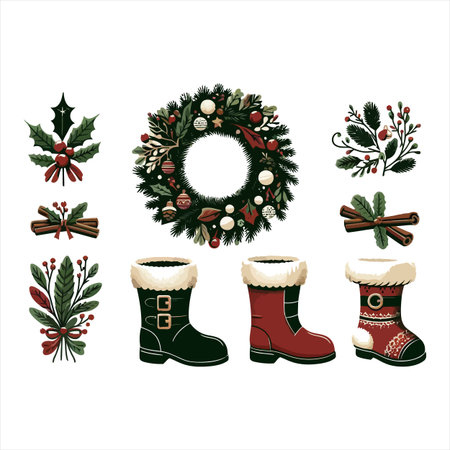 Christmas decoration set. Hand drawn vector illustration. Wreath, boots, mistletoe, holly berries, holly berry, spruce branches.のイラスト素材