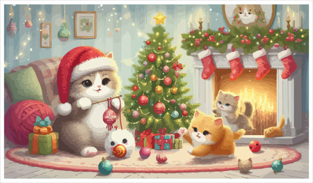 Cat in Santa hat near Christmas tree and fireplace. Vector illustration.のイラスト素材
