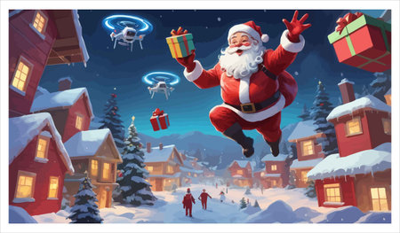 Santa Claus flying with drone in the night city. Vector illustration.のイラスト素材
