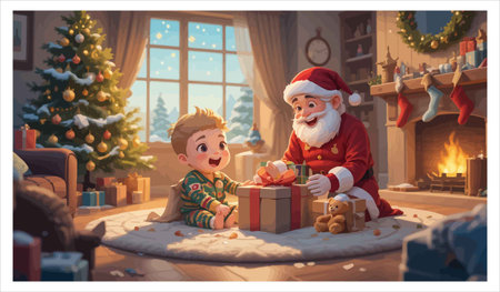 Composite image of Santa Claus and little boy with christmas presentsのイラスト素材