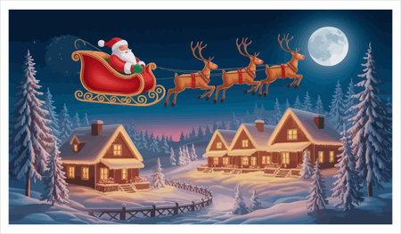 Santa Claus flying in a sleigh with reindeer. Christmas landscape.のイラスト素材
