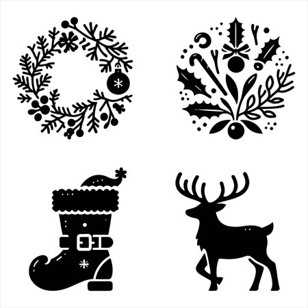 Christmas and New Year elements set. Vector illustration in black and white.のイラスト素材