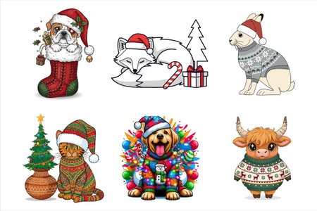 Christmas and New Year cartoon characters set. Cute dog, bulldog, cow, cow, bear, pig, snowman, christmas tree, santa claus boots, snowflakes, gingerbread man, snowman, bulldog, bullのイラスト素材