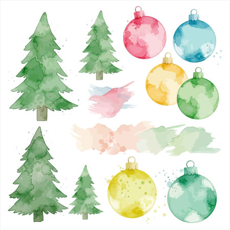 Set of watercolor christmas tree and balls. Vector illustration.のイラスト素材