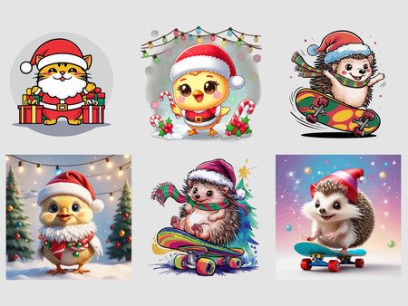 Set of Christmas and New Year cards with cute animals on skateboardのイラスト素材