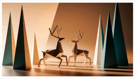 Three reindeers in the background of geometric shapes. Vector illustration.のイラスト素材