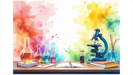 Science laboratory background with microscope, test tubes and books. Vector illustrationのイラスト素材
