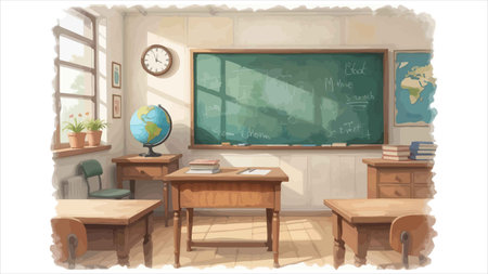 Illustration of a school classroom with a blackboard and a deskのイラスト素材