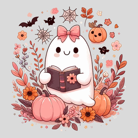Cute cartoon ghost with book and pumpkin. Halloween vector illustration.のイラスト素材