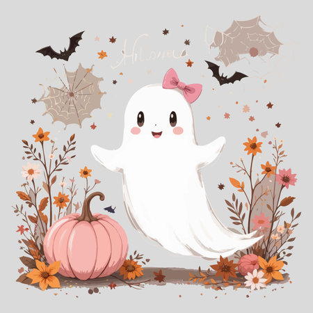 Halloween background with cute ghost, pumpkins and autumn leaves.のイラスト素材