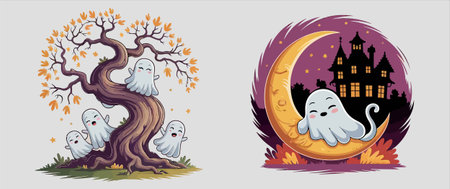 Halloween background with full moon, haunted house and ghost. Vector illustrationのイラスト素材