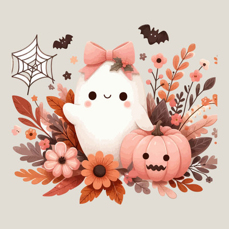 Halloween vector illustration with cute ghost, pumpkin and autumn leaves.のイラスト素材