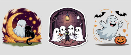 Halloween sticker set with ghost, bat, ghost, pumpkin and other elements.のイラスト素材