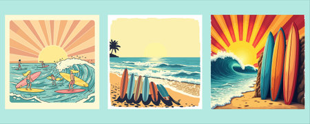 Set of four summer beach scenes with surfboards and sunset vector illustrationのイラスト素材